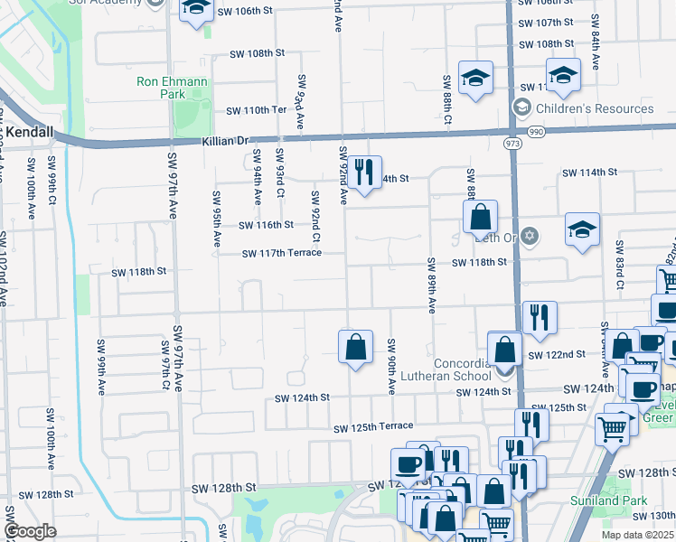 map of restaurants, bars, coffee shops, grocery stores, and more near 9200 Southwest 117th Terrace in Miami
