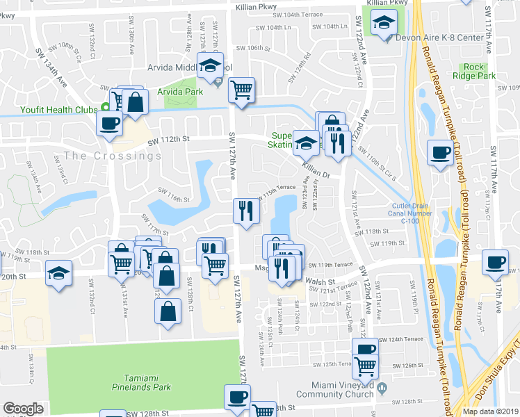 map of restaurants, bars, coffee shops, grocery stores, and more near 12446 Southwest 115th Terrace in Miami