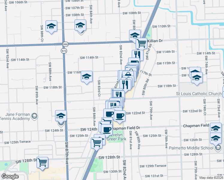 map of restaurants, bars, coffee shops, grocery stores, and more near 8265 Southwest 118th Terrace in Miami