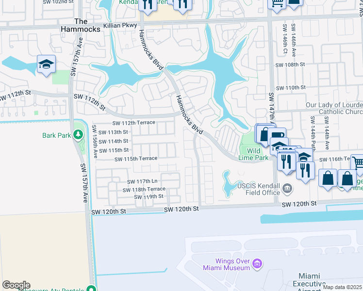 map of restaurants, bars, coffee shops, grocery stores, and more near 11416 Southwest 151st Path in Miami