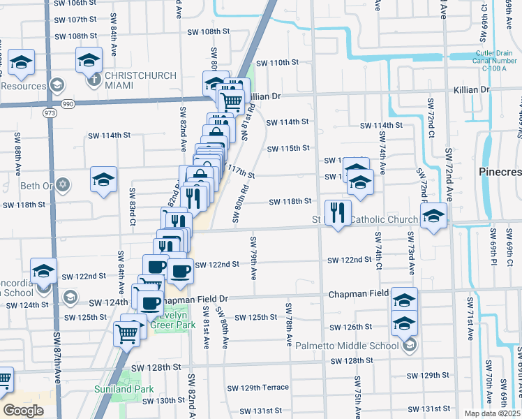 map of restaurants, bars, coffee shops, grocery stores, and more near 7840 Southwest 118th Street in Miami
