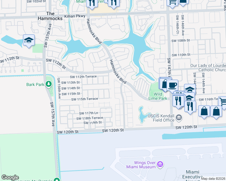 map of restaurants, bars, coffee shops, grocery stores, and more near 11416 Southwest 151st Path in Miami