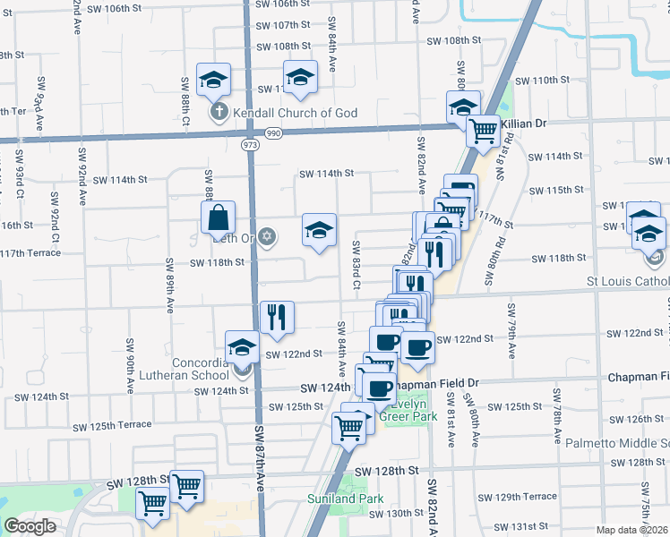 map of restaurants, bars, coffee shops, grocery stores, and more near 11880 Southwest 84th Avenue in Kendall
