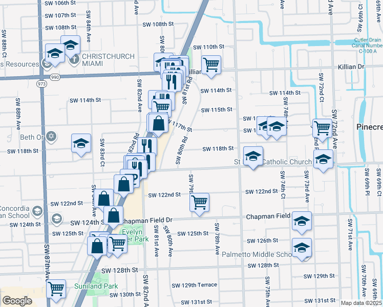 map of restaurants, bars, coffee shops, grocery stores, and more near 7840 Southwest 118th Street in Miami