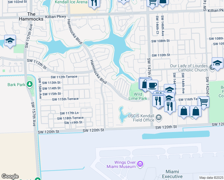 map of restaurants, bars, coffee shops, grocery stores, and more near 15057 Southwest 113th Terrace in Miami