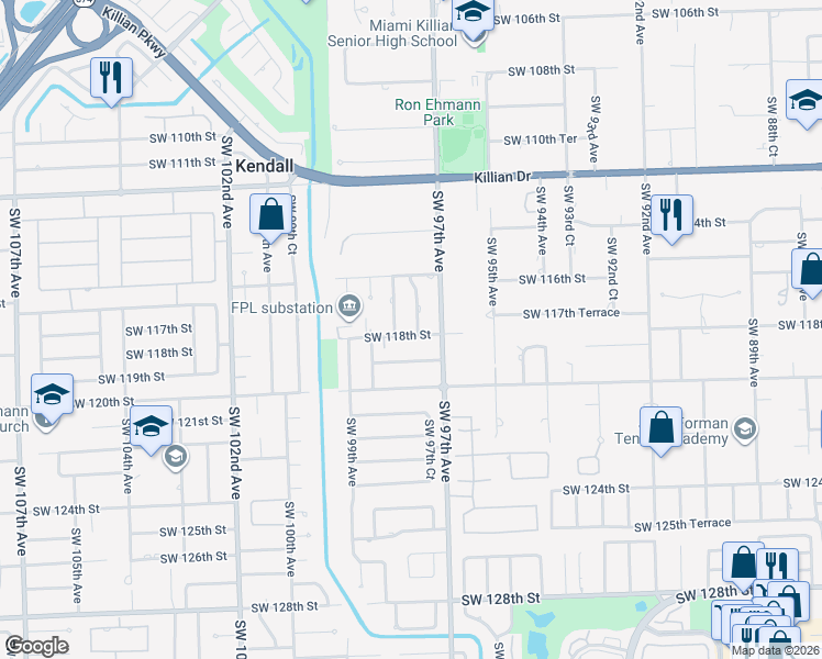 map of restaurants, bars, coffee shops, grocery stores, and more near 11580 Southwest 97th Court in Miami
