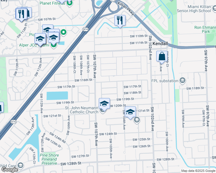 map of restaurants, bars, coffee shops, grocery stores, and more near 10505 Southwest 117th Street in Miami