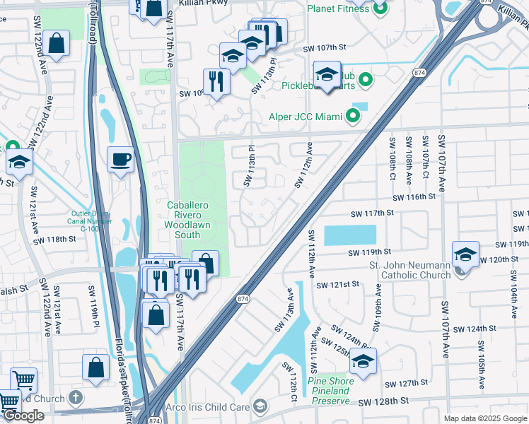 map of restaurants, bars, coffee shops, grocery stores, and more near 11310 Southwest 115th Terrace in Miami
