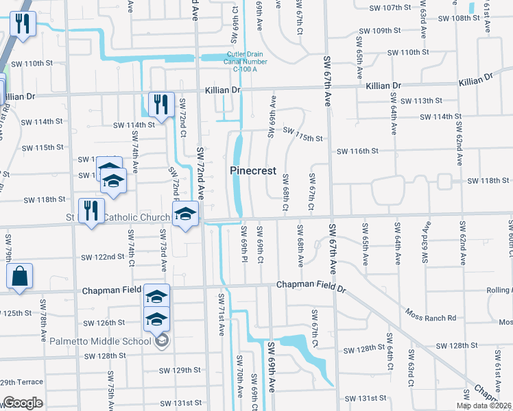map of restaurants, bars, coffee shops, grocery stores, and more near 11901 Southwest 69th Court in Miami
