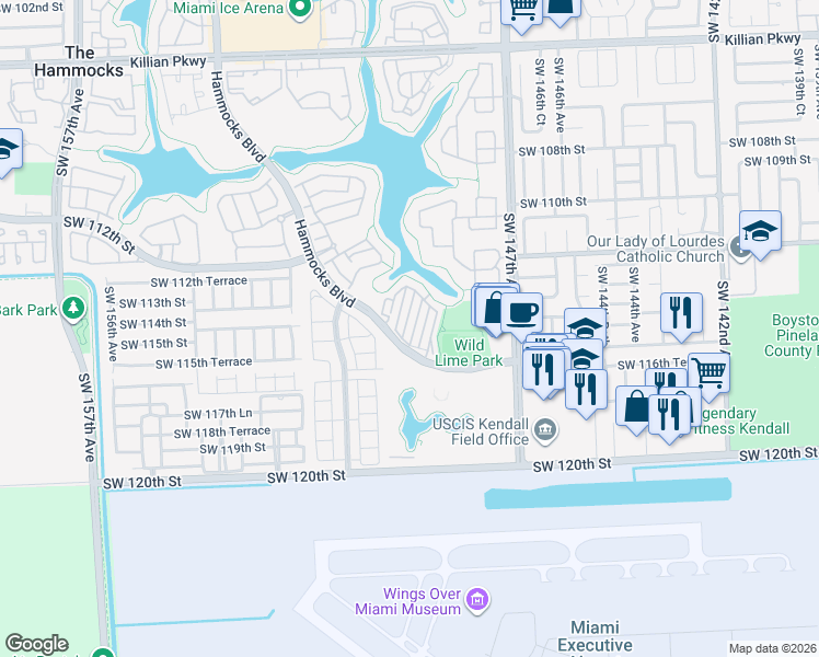 map of restaurants, bars, coffee shops, grocery stores, and more near 11495 Southwest 148th Path in Miami