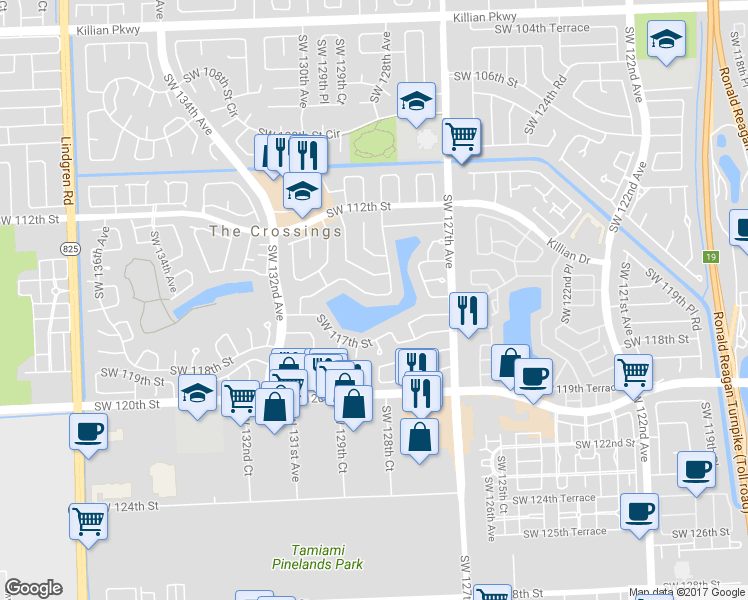 map of restaurants, bars, coffee shops, grocery stores, and more near 12850 Southwest 116th Street in Miami