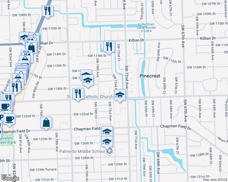 map of restaurants, bars, coffee shops, grocery stores, and more near 7261 Southwest 119th Street in Miami