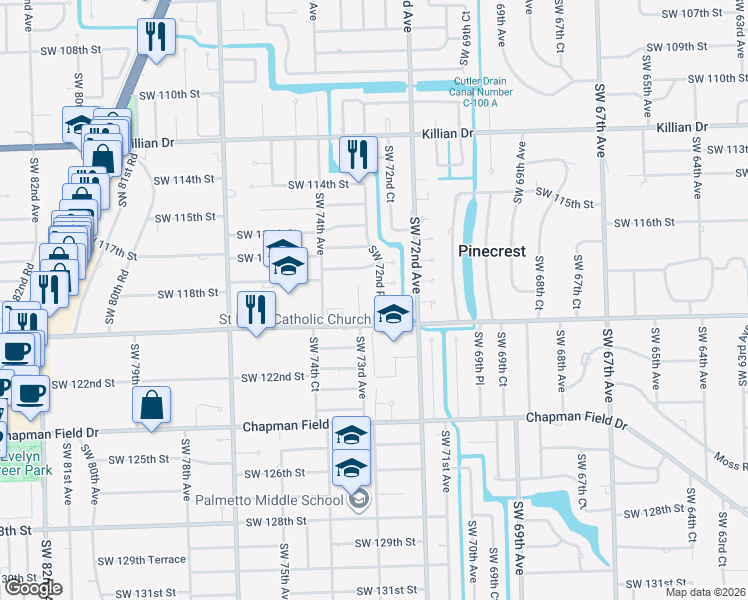 map of restaurants, bars, coffee shops, grocery stores, and more near 7261 Southwest 119th Street in Miami