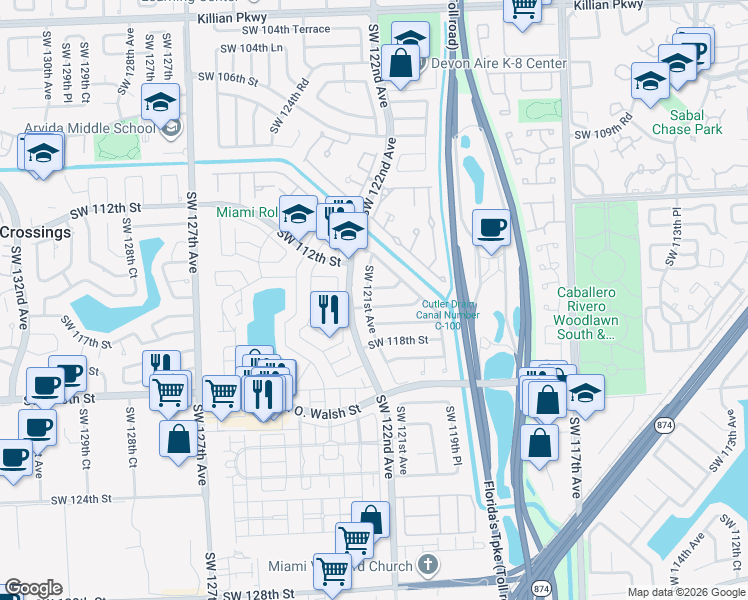 map of restaurants, bars, coffee shops, grocery stores, and more near 11610 Southwest 121st Avenue in Miami