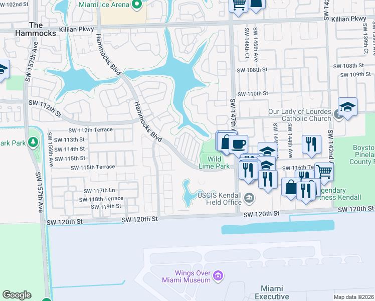map of restaurants, bars, coffee shops, grocery stores, and more near 11495 Southwest 148th Path in Miami