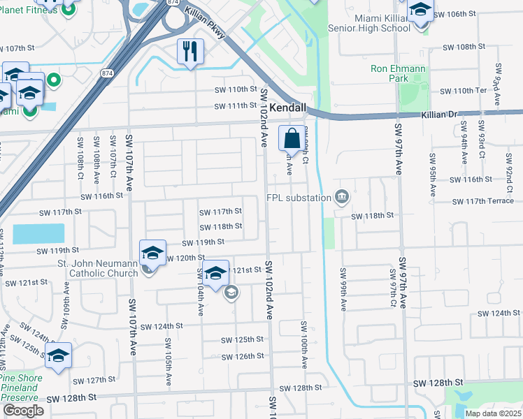 map of restaurants, bars, coffee shops, grocery stores, and more near 11703 Southwest 102nd Court in Miami
