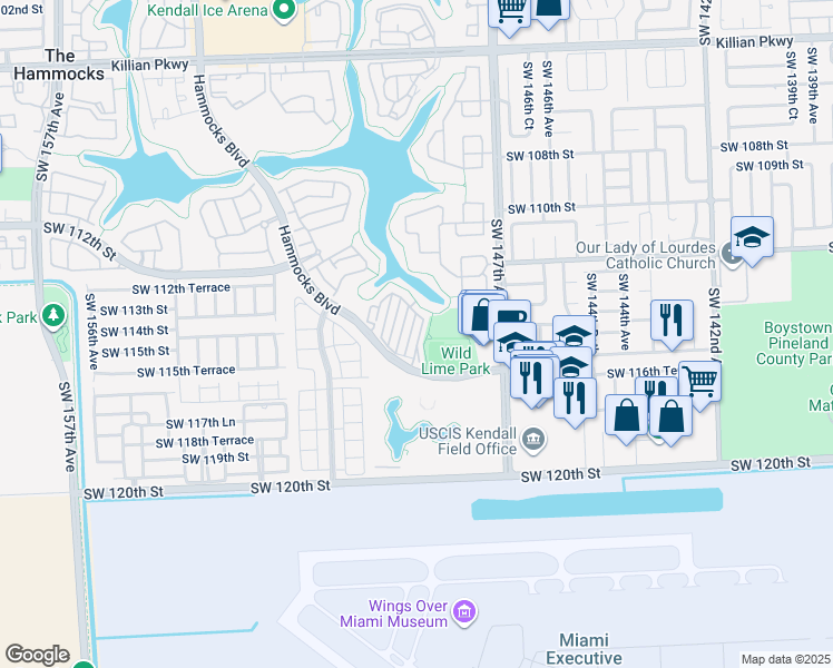 map of restaurants, bars, coffee shops, grocery stores, and more near 11495 Southwest 148th Path in Miami