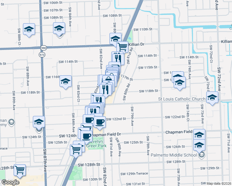 map of restaurants, bars, coffee shops, grocery stores, and more near 11820 Southwest 81st Road in Miami