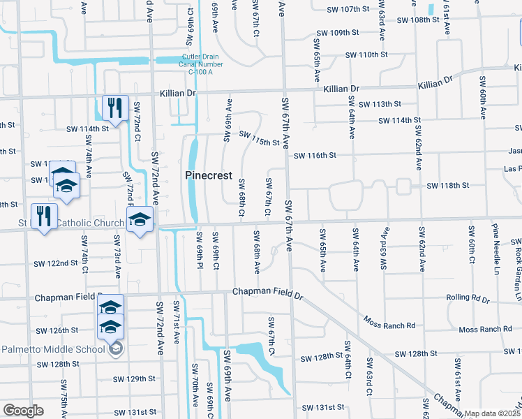 map of restaurants, bars, coffee shops, grocery stores, and more near 11950 Southwest 67th Court in Pinecrest