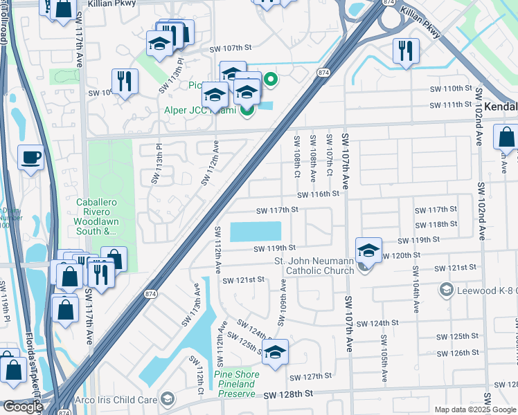map of restaurants, bars, coffee shops, grocery stores, and more near 10961 Southwest 117th Street in Miami