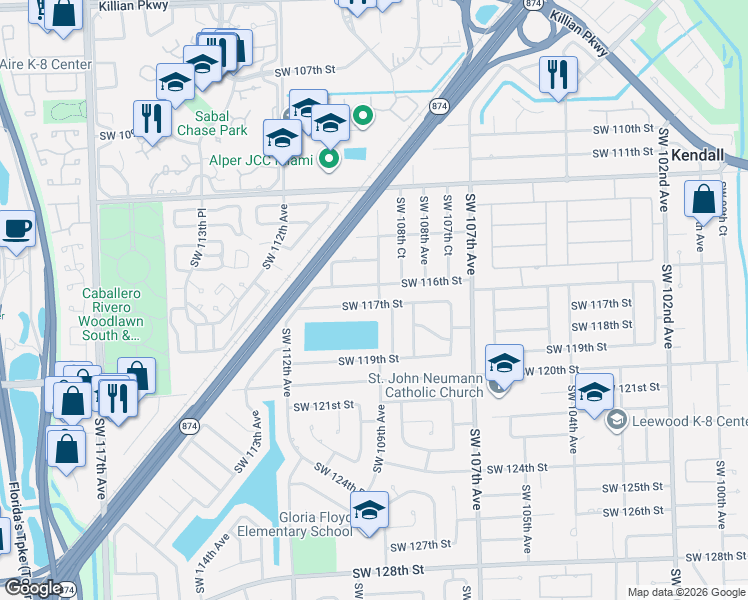 map of restaurants, bars, coffee shops, grocery stores, and more near 10901 Southwest 117th Street in Miami