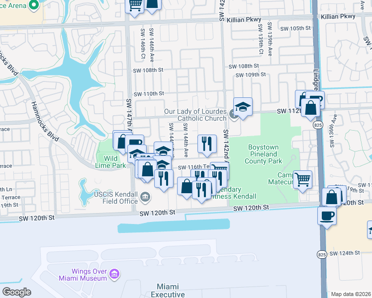 map of restaurants, bars, coffee shops, grocery stores, and more near 13817 Southwest 115th Street in Miami
