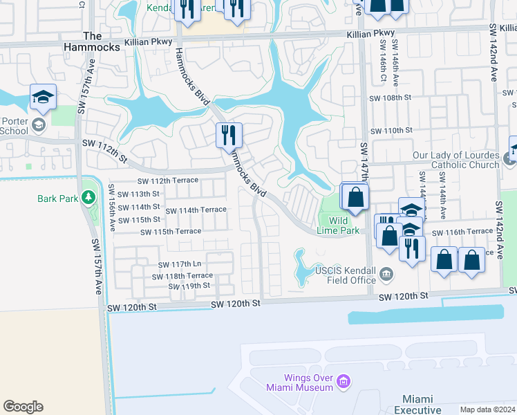 map of restaurants, bars, coffee shops, grocery stores, and more near 11362 Southwest 151 Avenue in Miami
