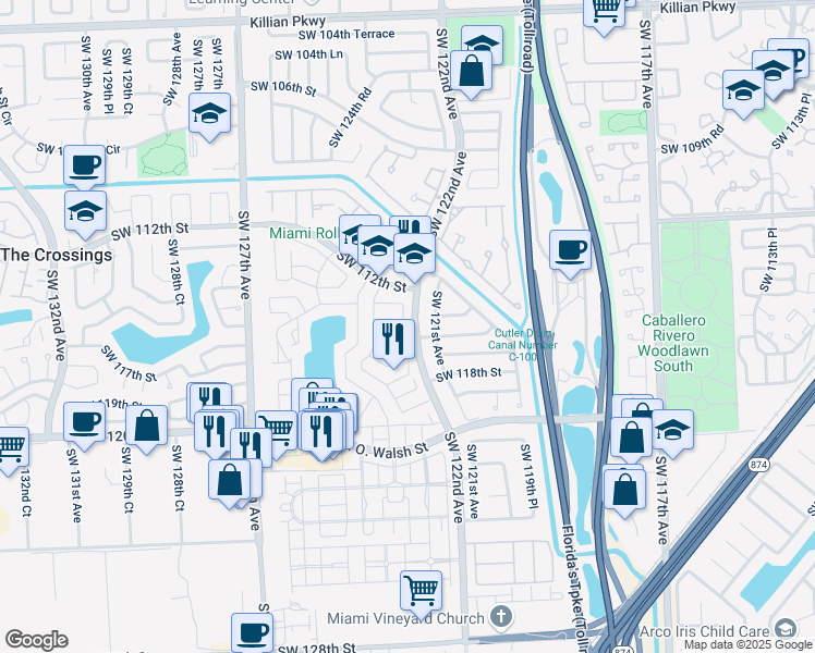map of restaurants, bars, coffee shops, grocery stores, and more near 12234 Southwest 114th Terrace in Miami