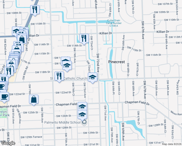 map of restaurants, bars, coffee shops, grocery stores, and more near 7261 Southwest 119th Street in Miami