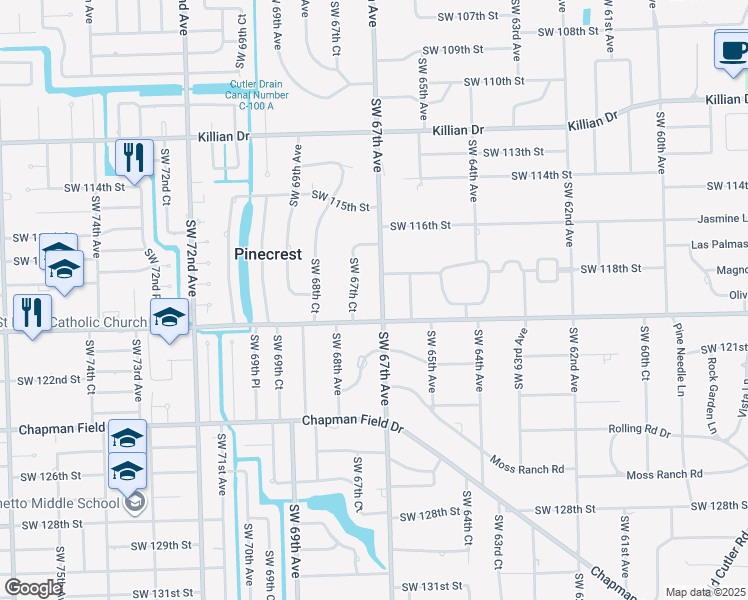 map of restaurants, bars, coffee shops, grocery stores, and more near 11900 Southwest 67th Avenue in Miami