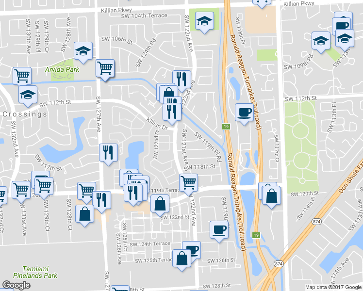 map of restaurants, bars, coffee shops, grocery stores, and more near 11610 Southwest 121st Avenue in Miami
