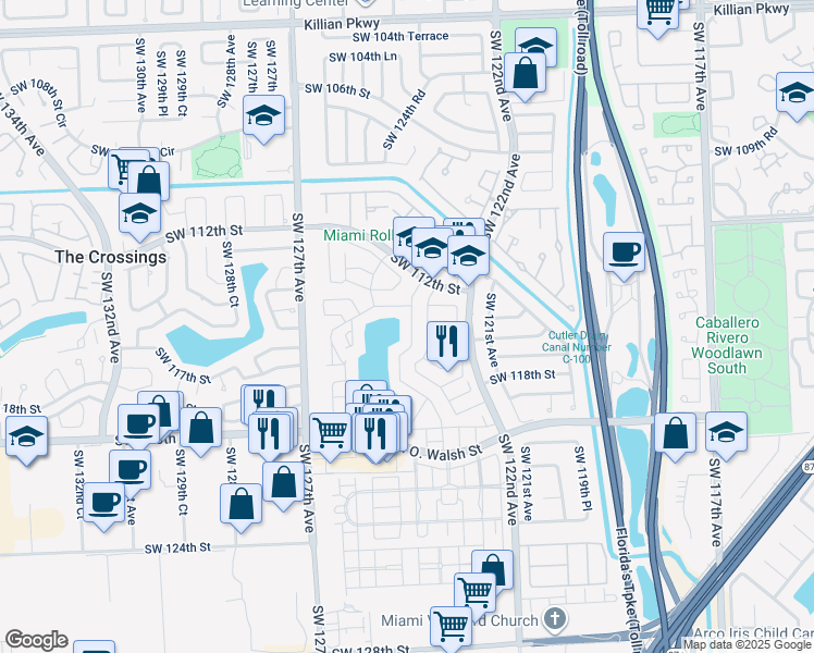 map of restaurants, bars, coffee shops, grocery stores, and more near 11620 Southwest 123rd Avenue in Miami