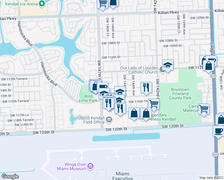 map of restaurants, bars, coffee shops, grocery stores, and more near 14510 Southwest 114th Terrace in Miami