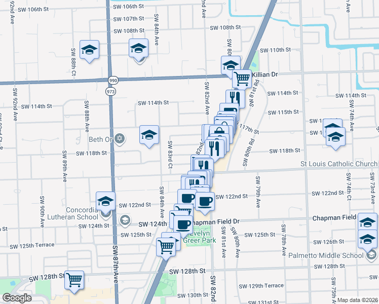 map of restaurants, bars, coffee shops, grocery stores, and more near 8265 Southwest 118th Terrace in Miami