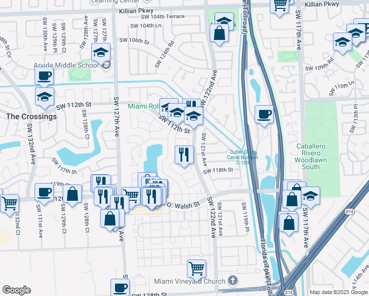 map of restaurants, bars, coffee shops, grocery stores, and more near 12234 Southwest 114th Terrace in Miami