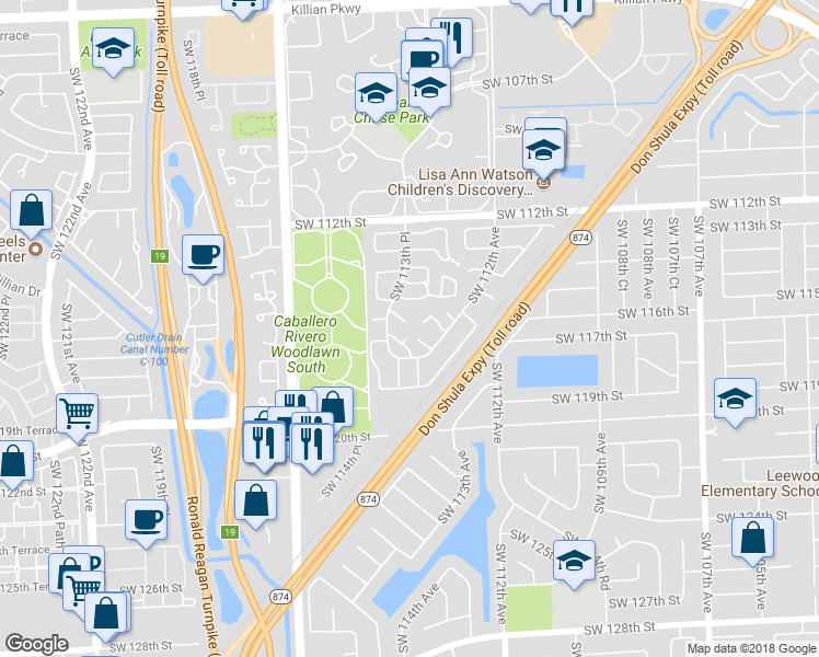 map of restaurants, bars, coffee shops, grocery stores, and more near 11310 Southwest 115th Terrace in Miami