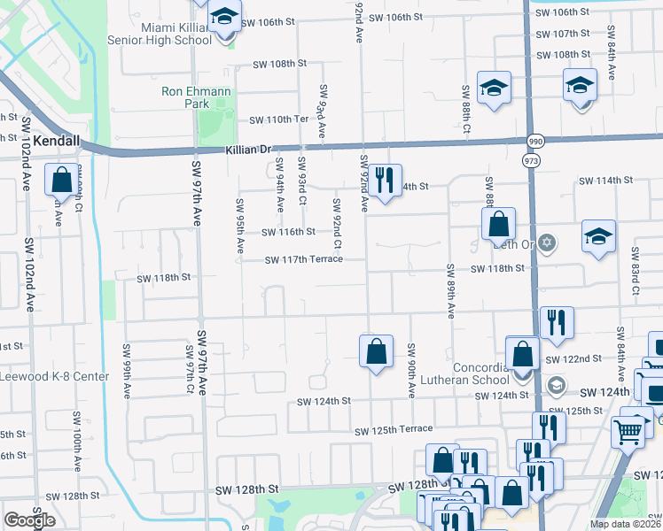 map of restaurants, bars, coffee shops, grocery stores, and more near 9290 Southwest 117th Terrace in Miami