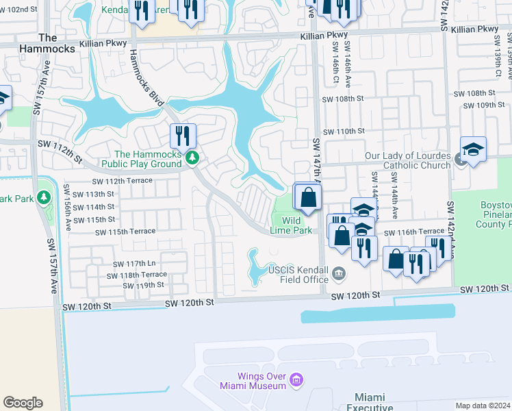 map of restaurants, bars, coffee shops, grocery stores, and more near 11502 Southwest 148th Path in Miami