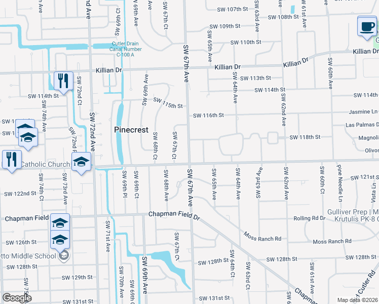 map of restaurants, bars, coffee shops, grocery stores, and more near 11900 Southwest 67th Avenue in Miami
