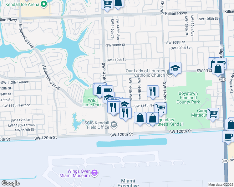 map of restaurants, bars, coffee shops, grocery stores, and more near 14510 Southwest 114th Terrace in Miami