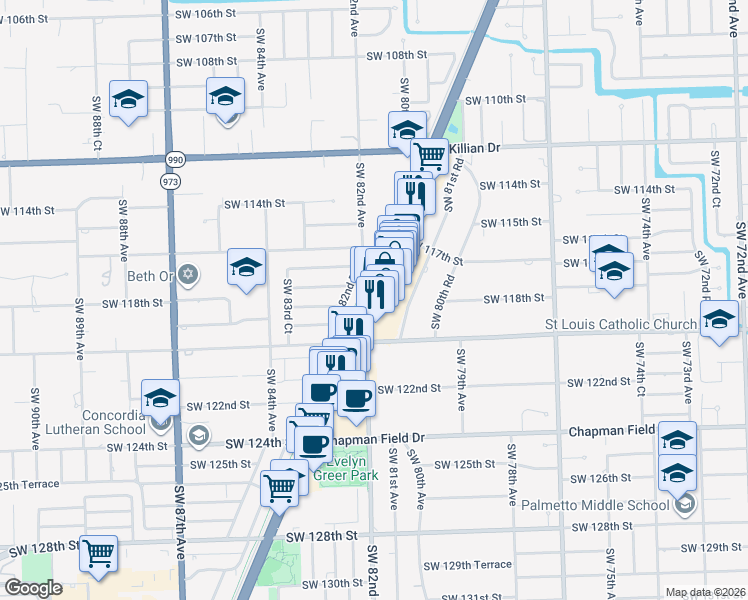 map of restaurants, bars, coffee shops, grocery stores, and more near 11853 South Dixie Highway in Pinecrest