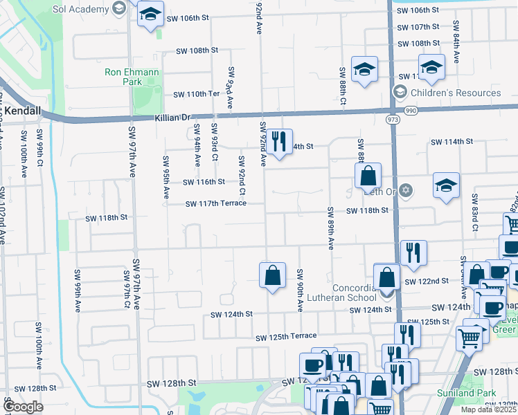 map of restaurants, bars, coffee shops, grocery stores, and more near 9200 Southwest 117th Terrace in Miami