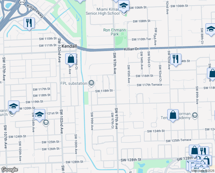 map of restaurants, bars, coffee shops, grocery stores, and more near 11580 Southwest 97th Court in Miami