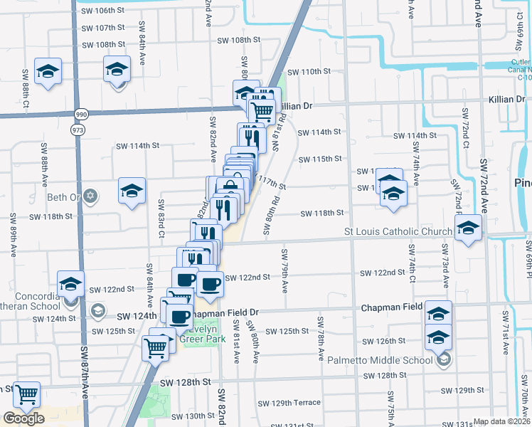 map of restaurants, bars, coffee shops, grocery stores, and more near 11750 Southwest 80th Road in Miami