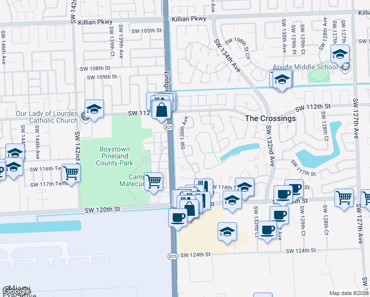 map of restaurants, bars, coffee shops, grocery stores, and more near 13594 Southwest 115th Terrace in Miami