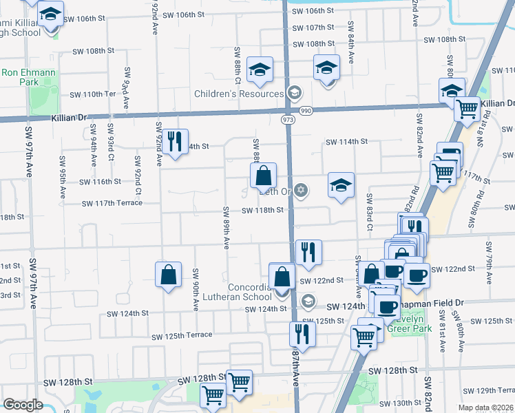 map of restaurants, bars, coffee shops, grocery stores, and more near 11750 Southwest 88th Avenue in Miami