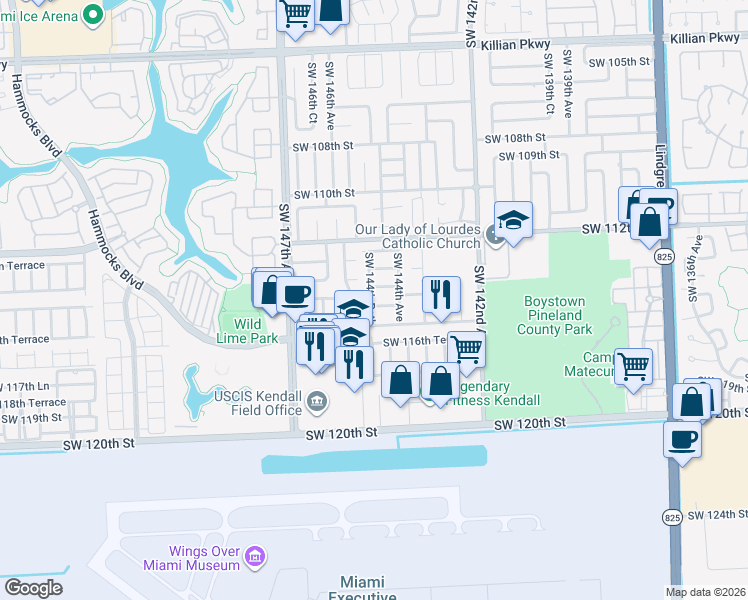 map of restaurants, bars, coffee shops, grocery stores, and more near 14463 SW 115th St in Miami