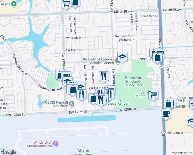 map of restaurants, bars, coffee shops, grocery stores, and more near 14346 Southwest 114th Terrace in Miami