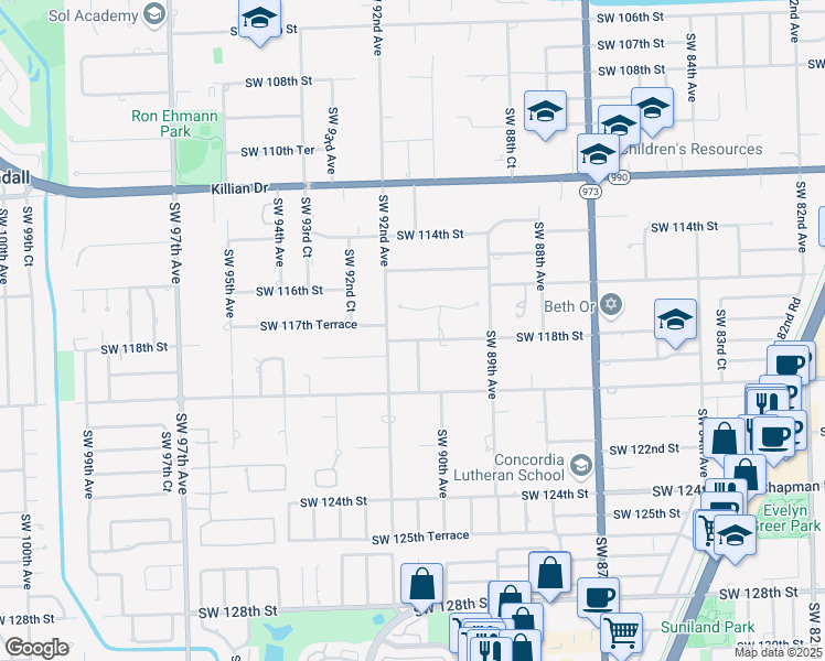 map of restaurants, bars, coffee shops, grocery stores, and more near 9045 Southwest 118th Street in Miami