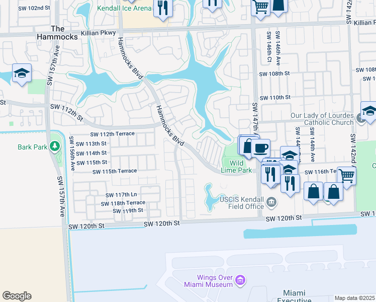 map of restaurants, bars, coffee shops, grocery stores, and more near 15057 Southwest 113th Terrace in Miami